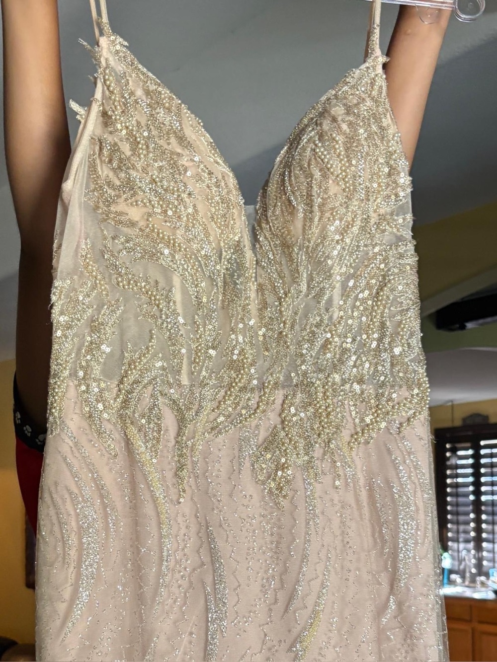 Beaded Nude Champagne Prom Dress with Spaghetti Straps